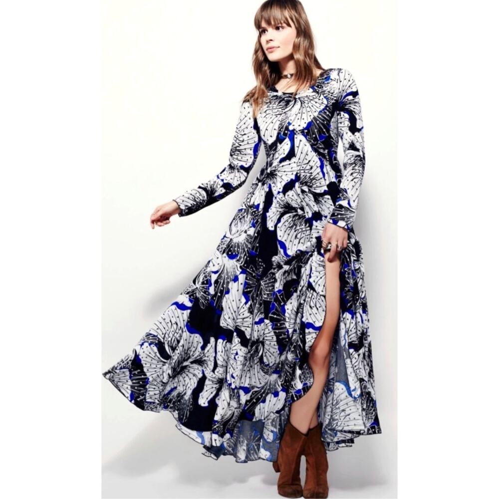 Free People XS Blue White Floral Maxi Dress Boho Romantic Festival